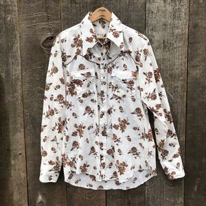 Vintage 70s Roses Floral Western Cowboy Pearl Snap Shirt L-XL Paper Thin